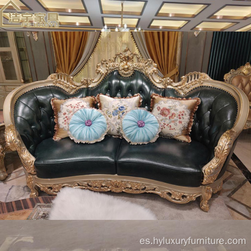 Juego de sofás de cuero artesanal de madera de estilo europeo de 7 asientos